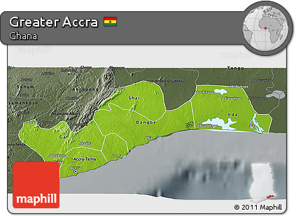 Physical 3D Map of Greater Accra, darken, semi-desaturated