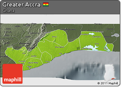 Physical 3D Map of Greater Accra, darken, semi-desaturated