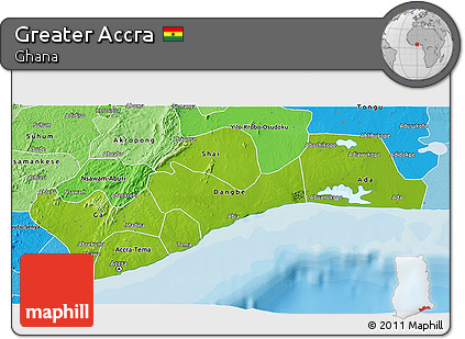 Physical 3D Map of Greater Accra, political shades outside