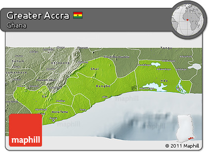 Physical 3D Map of Greater Accra, semi-desaturated