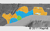 Political 3D Map of Greater Accra, darken, desaturated
