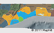Political 3D Map of Greater Accra, darken, semi-desaturated