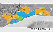 Political 3D Map of Greater Accra, desaturated