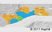 Political 3D Map of Greater Accra, lighten, desaturated