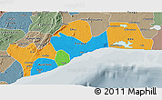 Political 3D Map of Greater Accra, semi-desaturated