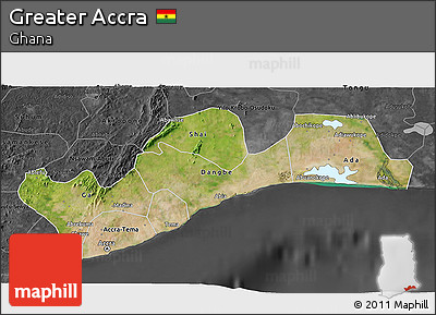 Satellite 3D Map of Greater Accra, darken, desaturated