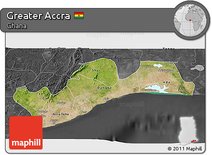 Satellite 3D Map of Greater Accra, darken, desaturated