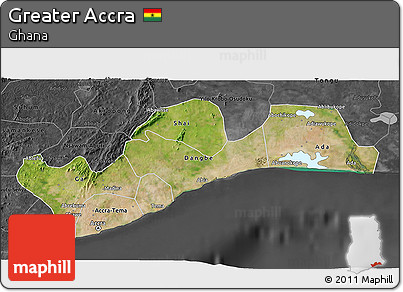 Satellite 3D Map of Greater Accra, darken, desaturated