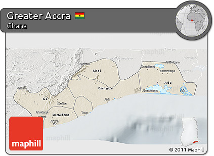 Shaded Relief 3D Map of Greater Accra, lighten, semi-desaturated