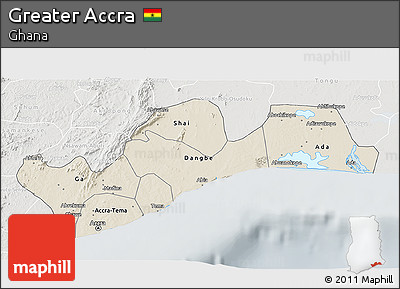 Shaded Relief 3D Map of Greater Accra, lighten, semi-desaturated