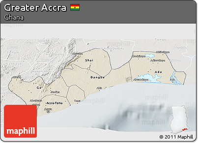 Shaded Relief 3D Map of Greater Accra, lighten, semi-desaturated