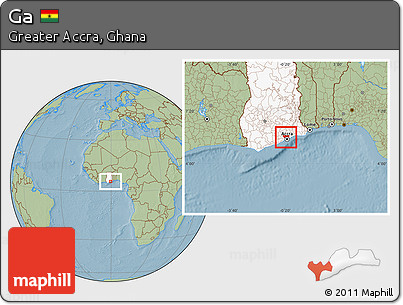 Savanna Style Location Map of Ga, highlighted country, hill shading
