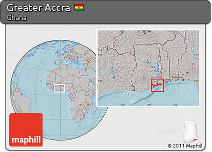 Gray Location Map of Greater Accra, within the entire country, hill shading