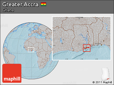 Gray Location Map of Greater Accra, within the entire country, hill shading