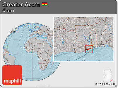 Gray Location Map of Greater Accra, within the entire country, hill shading