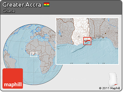 Gray Location Map of Greater Accra, highlighted country, hill shading