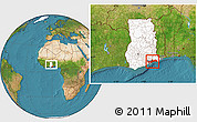 Satellite Location Map of Greater Accra, highlighted country, within the entire country