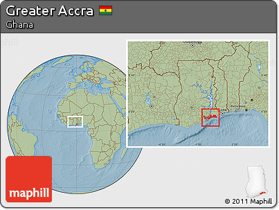 Savanna Style Location Map of Greater Accra, within the entire country, hill shading