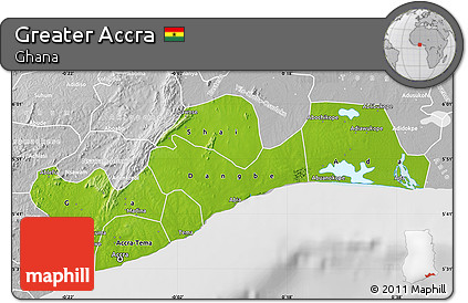 Physical Map of Greater Accra, lighten, desaturated
