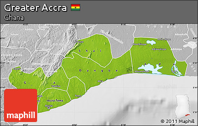 Physical Map of Greater Accra, lighten, desaturated