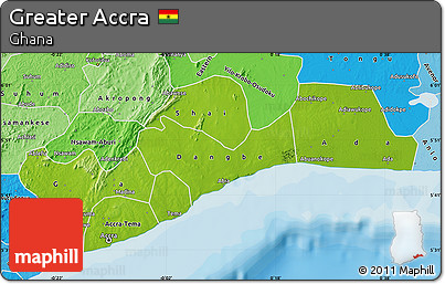 Physical Map of Greater Accra, political shades outside