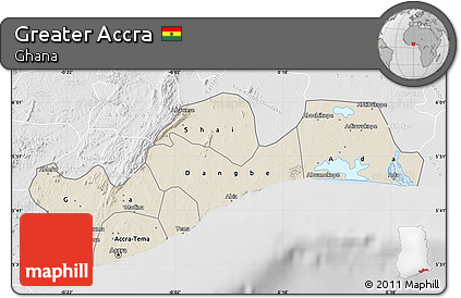 Shaded Relief Map of Greater Accra, lighten, desaturated
