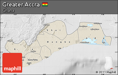 Shaded Relief Map of Greater Accra, lighten, desaturated