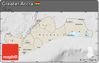 Shaded Relief Map of Greater Accra, lighten, desaturated