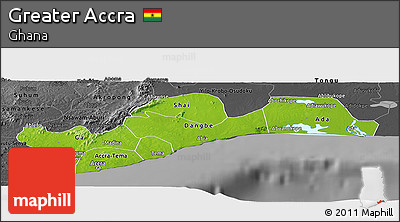 Physical Panoramic Map of Greater Accra, darken, desaturated