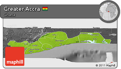 Physical Panoramic Map of Greater Accra, darken, desaturated
