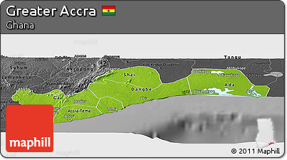 Physical Panoramic Map of Greater Accra, darken, desaturated
