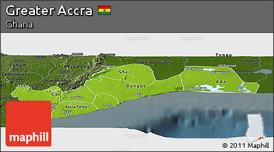 Physical Panoramic Map of Greater Accra, darken