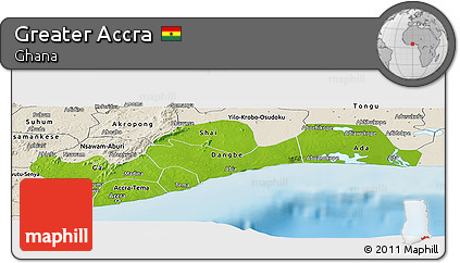 Physical Panoramic Map of Greater Accra, shaded relief outside