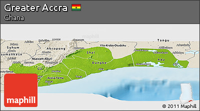 Physical Panoramic Map of Greater Accra, shaded relief outside