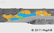 Political Panoramic Map of Greater Accra, darken, desaturated