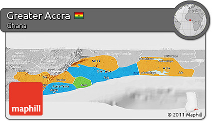 Political Panoramic Map of Greater Accra, lighten, desaturated