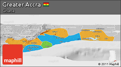 Political Panoramic Map of Greater Accra, lighten, desaturated