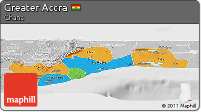 Political Panoramic Map of Greater Accra, lighten, desaturated