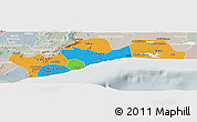 Political Panoramic Map of Greater Accra, lighten, semi-desaturated