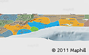 Political Panoramic Map of Greater Accra, semi-desaturated