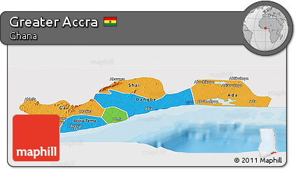 Political Panoramic Map of Greater Accra, single color outside