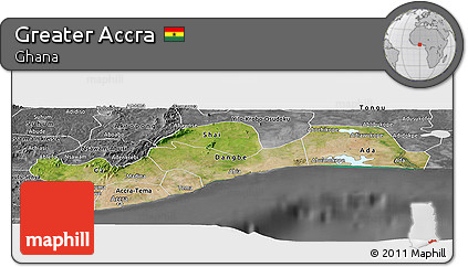 Satellite Panoramic Map of Greater Accra, desaturated