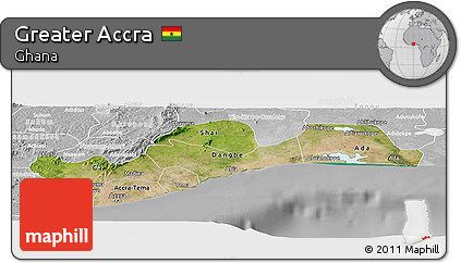 Satellite Panoramic Map of Greater Accra, lighten, desaturated