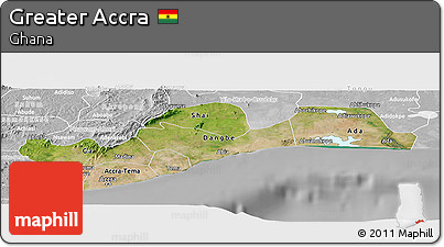 Satellite Panoramic Map of Greater Accra, lighten, desaturated