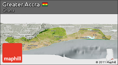 Satellite Panoramic Map of Greater Accra, lighten, semi-desaturated