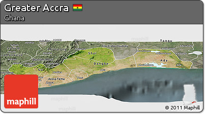 Satellite Panoramic Map of Greater Accra, semi-desaturated