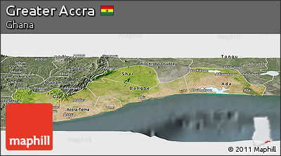 Satellite Panoramic Map of Greater Accra, semi-desaturated