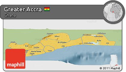 Savanna Style Panoramic Map of Greater Accra, single color outside