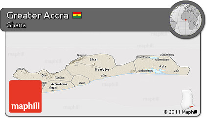 Shaded Relief Panoramic Map of Greater Accra, cropped outside