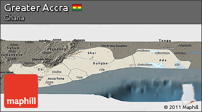 Shaded Relief Panoramic Map of Greater Accra, darken